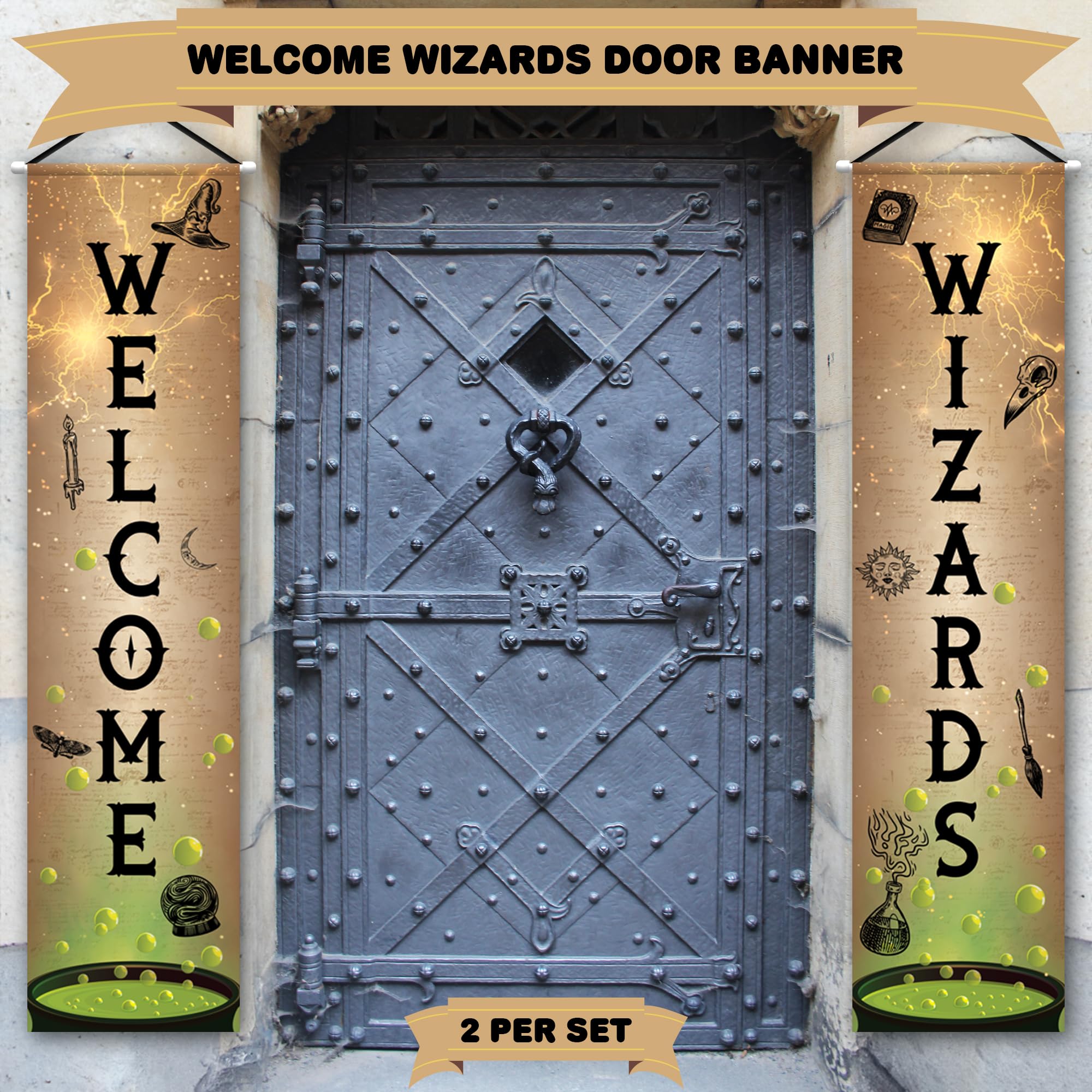 Welcome Wizards Door Banner - 2 Pieces - 4 Feet Long Wizard Banner - Polyester Magic Party Banners with Dowels and String for Easy Hanging
