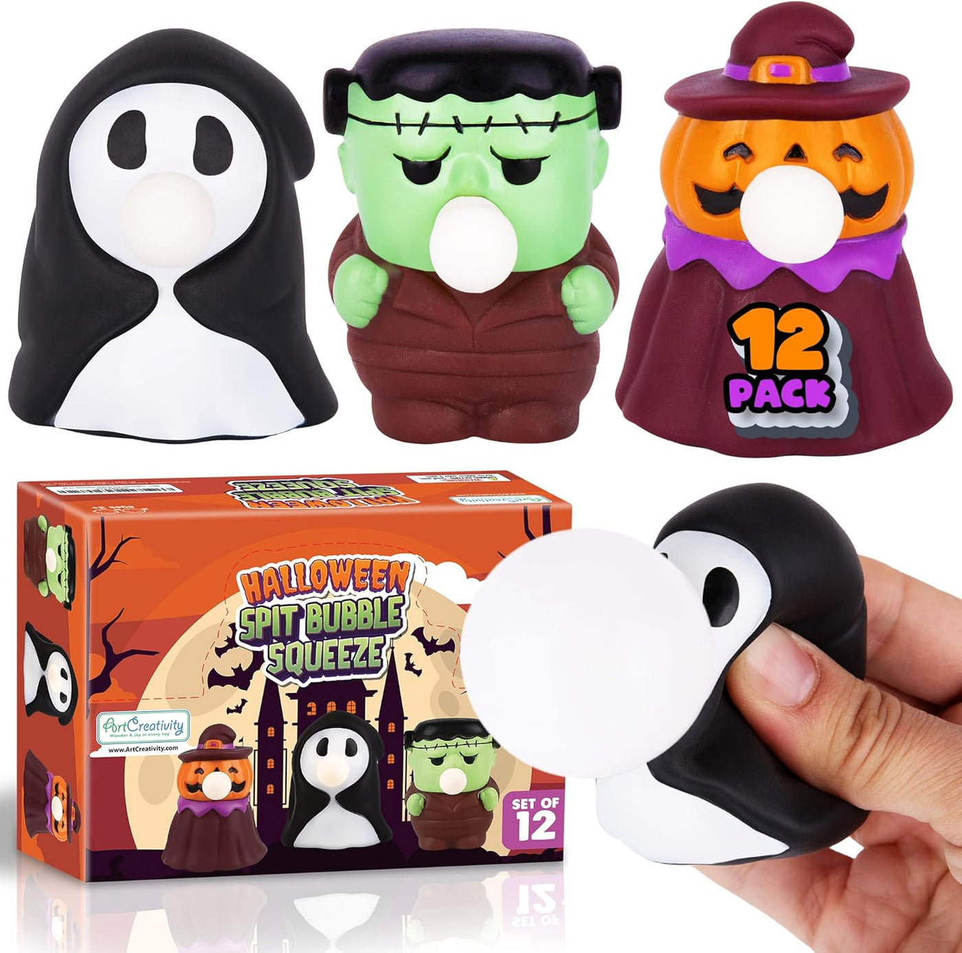 Halloween Spit Bubble Squeeze Toys - Set of 12 Halloween Squeeze Toys - Squishy Halloween Stress Toys That Blow Bubbles When Squeezed