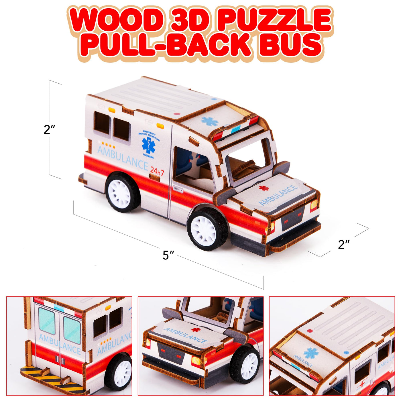 3D Puzzle Car Toy (Bus) - Wooden Car Building Kit for Kids - STEM Wood Building Kit with Pullback Mechanism - Wooden Puzzle Model Car Kit