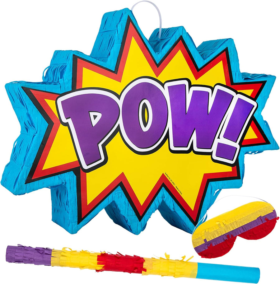Pow Superhero Piñata for Kids - Includes Pinata with Blindfold and Stick for Super Hero Party Supplies