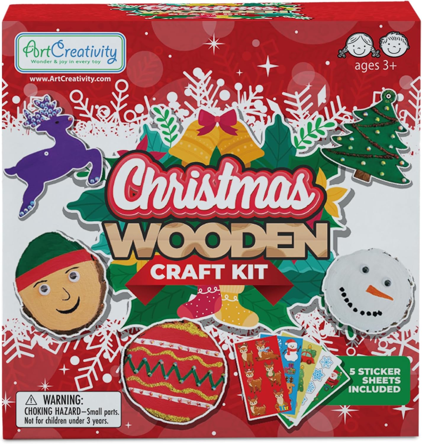 Christmas Wooden Painting Craft for Kids - 28 Ornaments - Wooden Christmas Ornament Kit for Kids with Wood Slices, Xmas Shapes, Glow in The Dark Paint, Gems, Glitter Glue, and Google Eyes