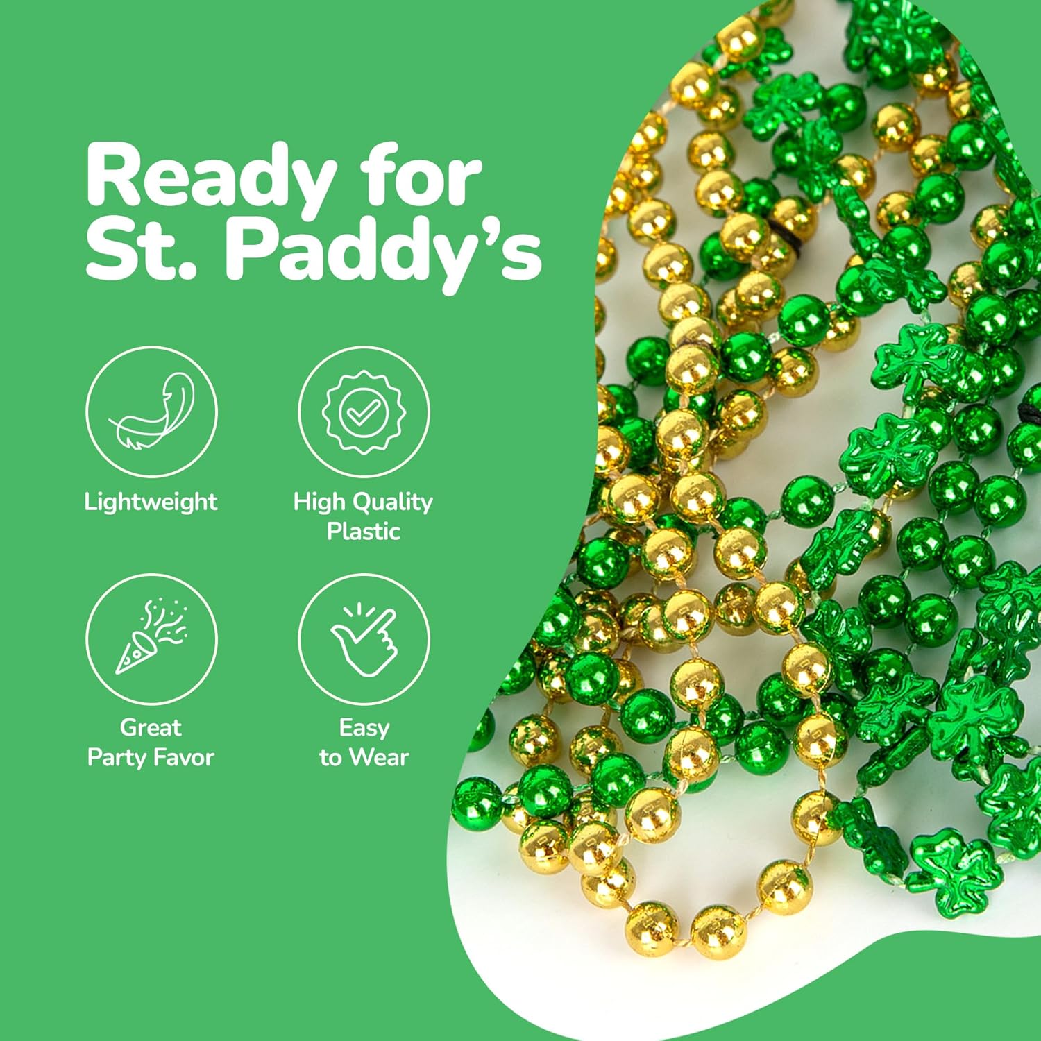 St Patrick’s Day Beads Necklaces - Set of 12 - St Patricks Day Accessories - Shamrock Green Day Beaded Necklace for Mardi Gras Decor, Irish Throw Costume Party