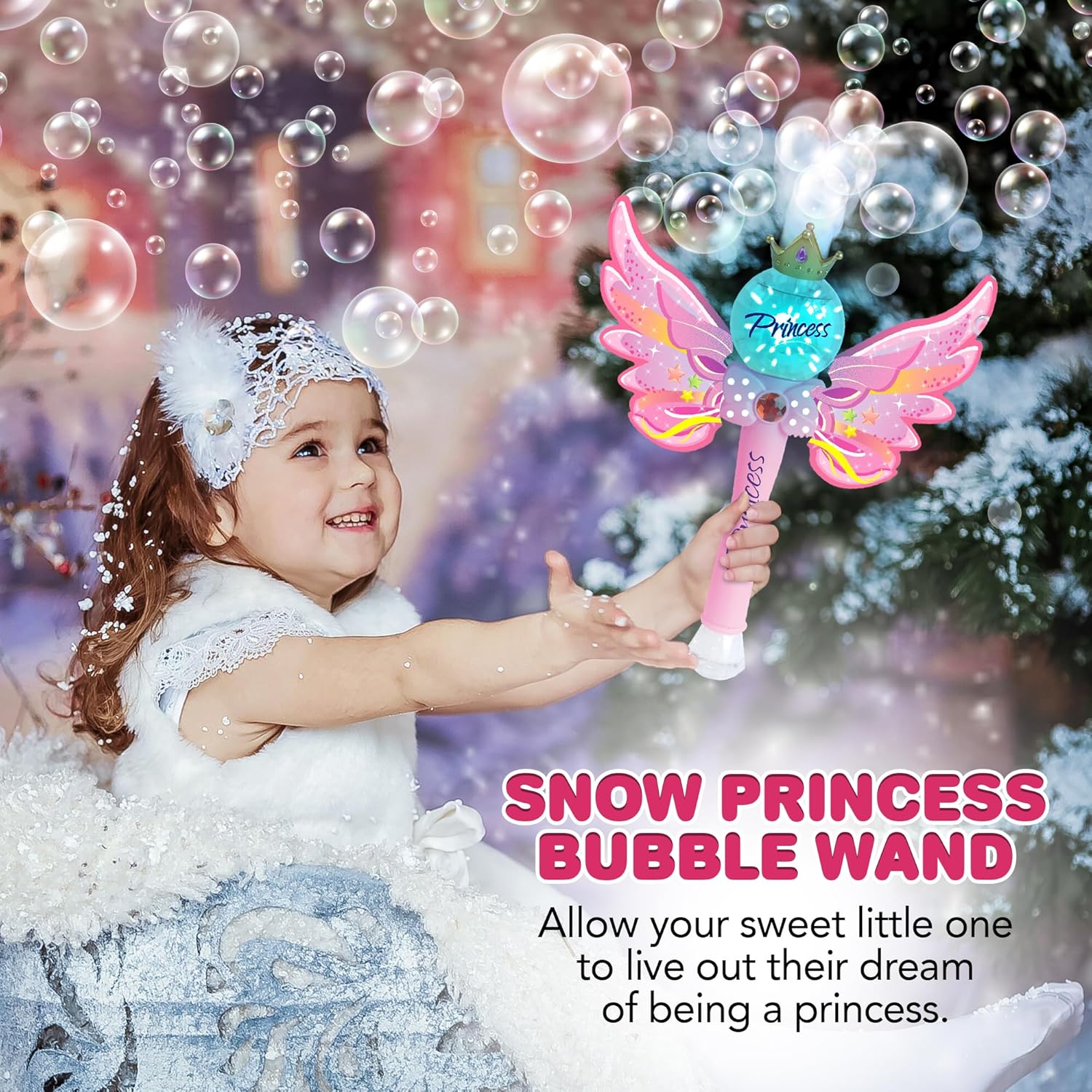 Light Up Magic Princess Bubble Blower Wand, 14" Illuminating Bubble Blower Wand with Thrilling LED & Sound Effect, Bubble Fluid Included, Great Gift Idea, Party Favor for Kids