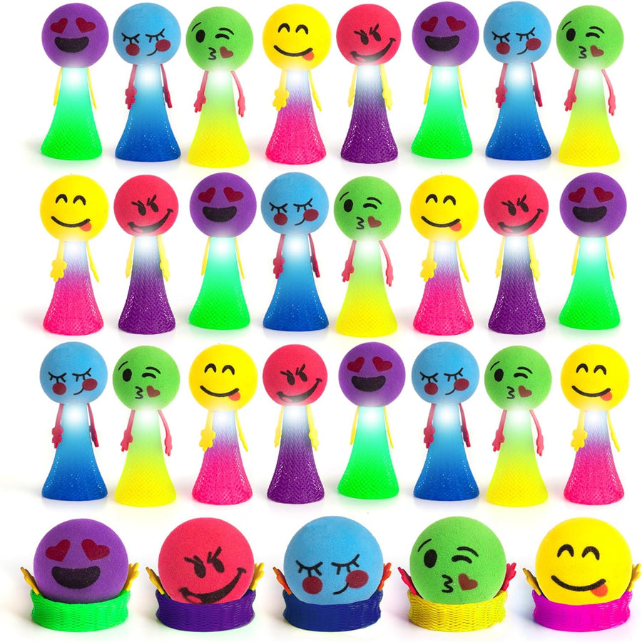 24 PC Jumping Emoticon Spring Launcher Toys, Light Up Bouncy Toy Party Poppers with Flashing LED Lights