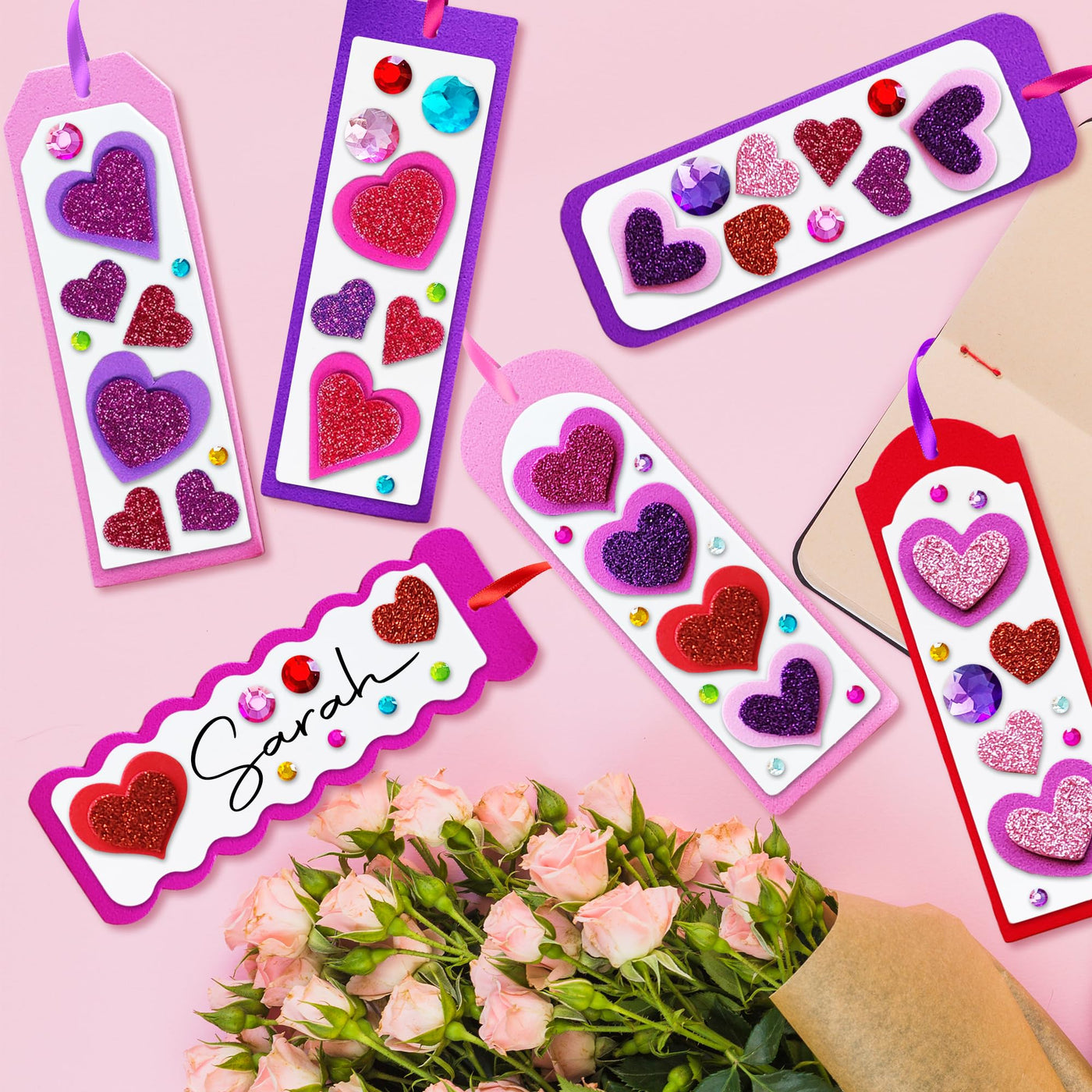 314 PCS Valentine’s Day Bookmark Craft Kit - Makes 24 Bookmarks - Valentine Crafts for Kids Classroom - Valentines Bookmark Craft Kit with Hearts, Glitter Stickers, Rhinestones, Ribbons