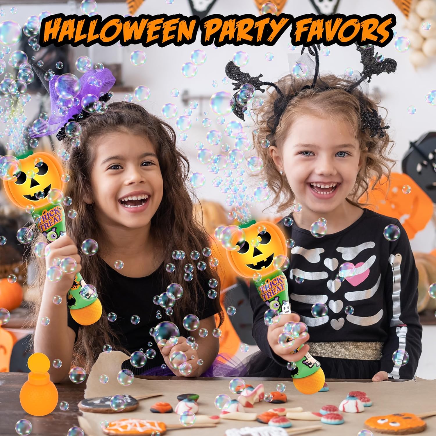 Halloween Bubble Wand for Kids, 14" Light Up Pumpkin Bubble Wand