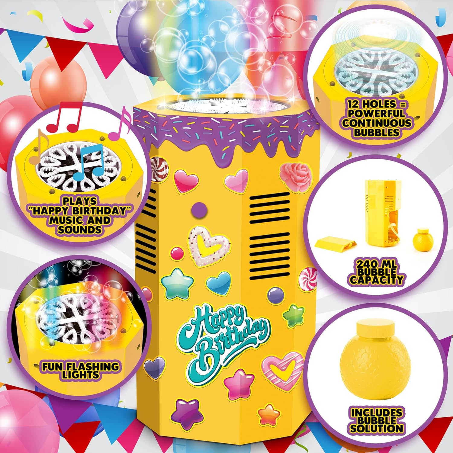 Happy Birthday Bubble Machine with Music - 9" Fake Birthday Cake Bubble Machine - Kids Bubble Blower Sings Happy Birthday - Firework Bubble Machine with LED's, Shower Bubbles, and Music