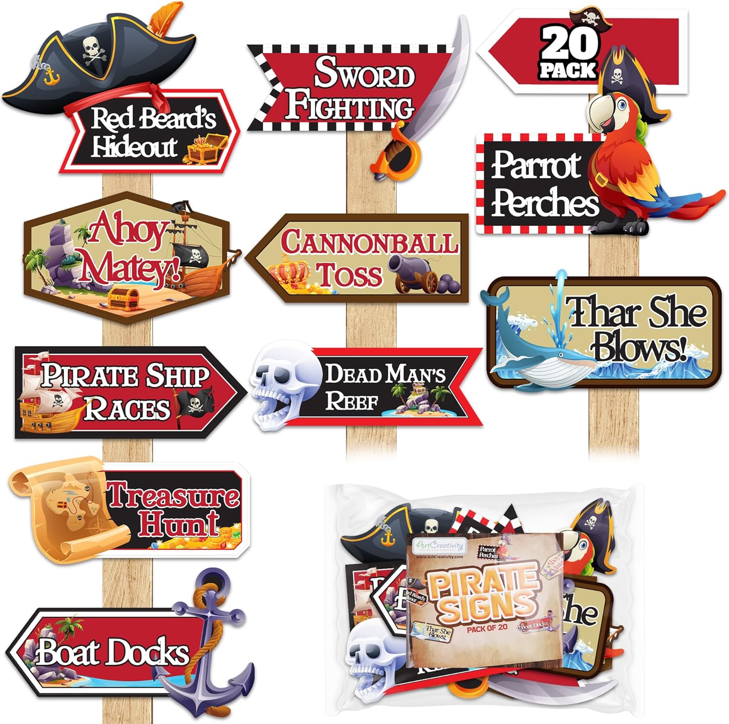 Pirate Signs - 20 Pack - Pirate Theme Party Decor Supplies - Funny Pirate Skull Decorations & Directional Signs