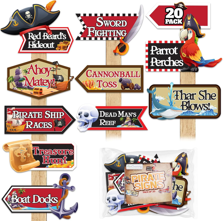 Pirate Signs - 20 Pack - Pirate Theme Party Decor Supplies - Funny Pirate Skull Decorations & Directional Signs