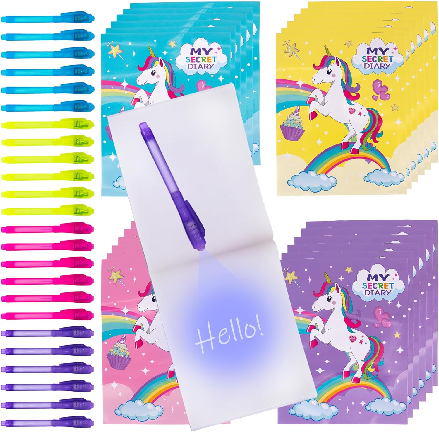 Invisible Ink Pen & Notepad Kit - 24 Sets of Unicorn Party Favor Kits - 24 UV Light Pens and 24 Secret Diary Notebooks