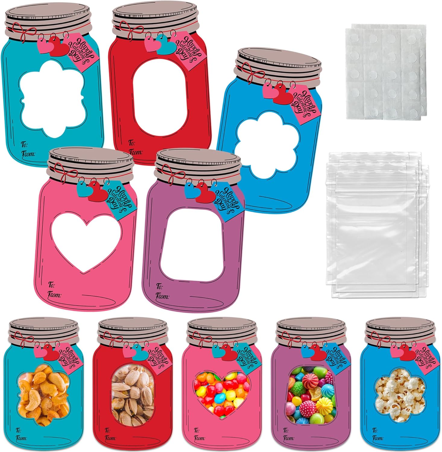 Mason Jar Valentines Day Cards - Set of 50 - Kids Valentine Candy Jar Cards with 50 Plastic Bags and Glue