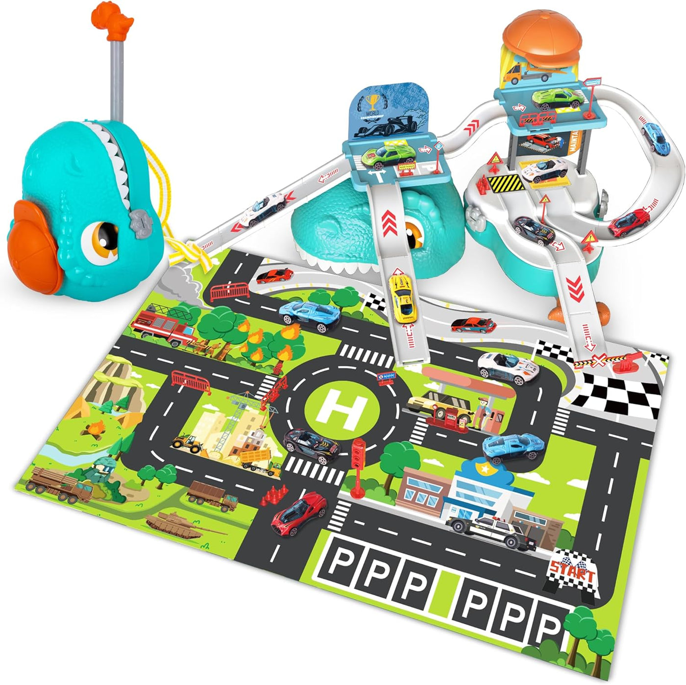 Dinosaur Race Track Set - 59 Piece Race Car Track - Includes Portable Toy Car Storage Organizer, Kids’ Play Mat, 6 Diecast Metal Cars, Traffic Signs, and More