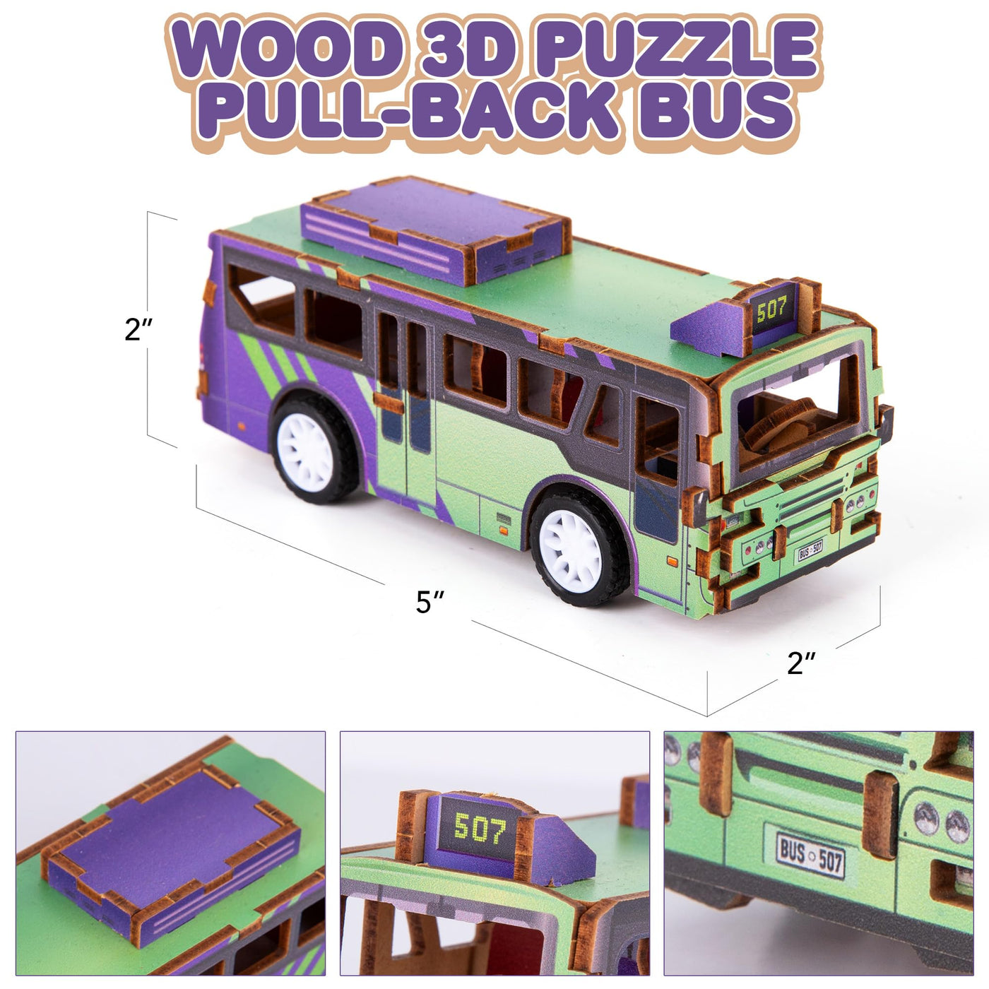 3D Puzzle Car Toy (Bus) - Wooden Car Building Kit for Kids - STEM Wood Building Kit with Pullback Mechanism - Wooden Puzzle Model Car Kit