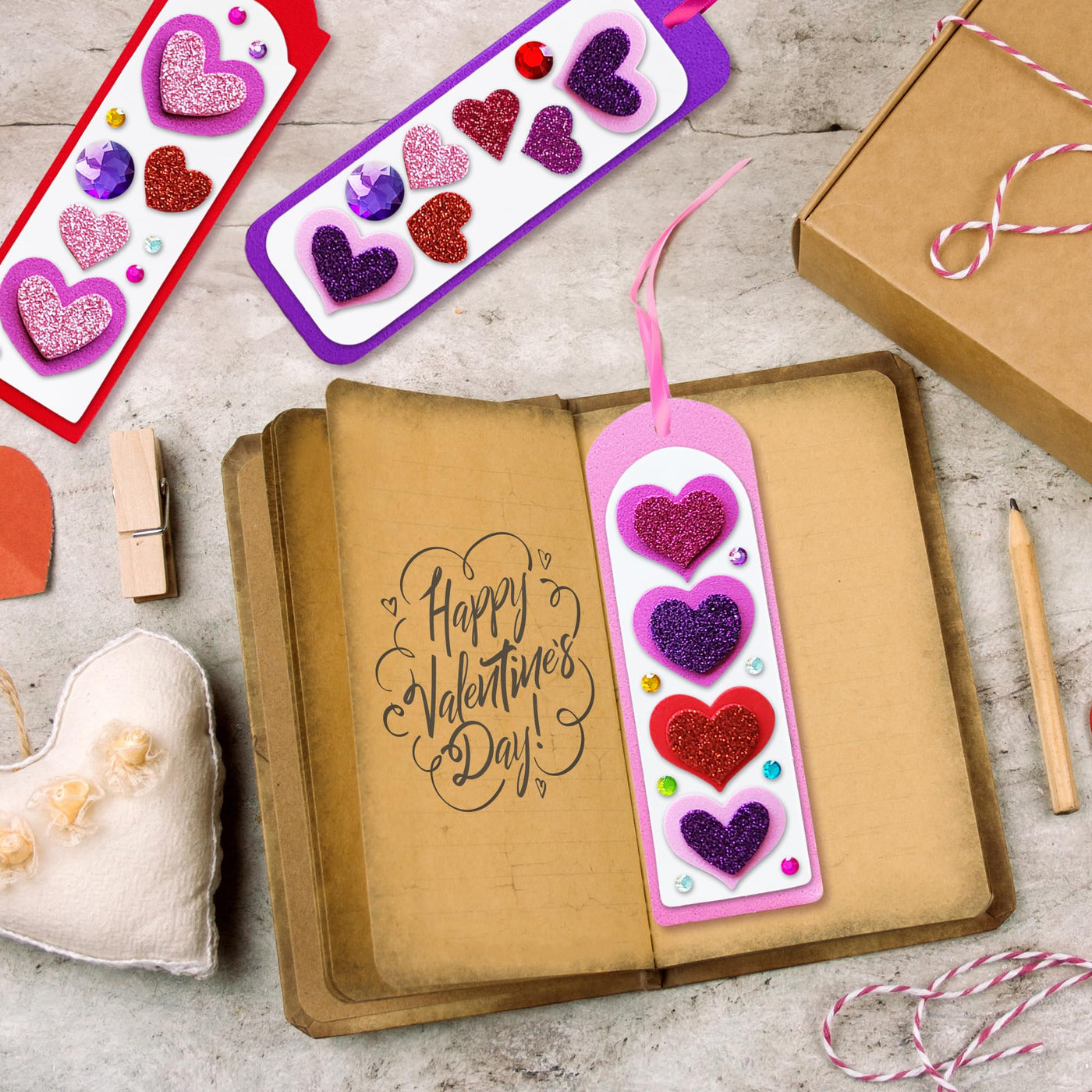 314 PCS Valentine’s Day Bookmark Craft Kit - Makes 24 Bookmarks - Valentine Crafts for Kids Classroom - Valentines Bookmark Craft Kit with Hearts, Glitter Stickers, Rhinestones, Ribbons