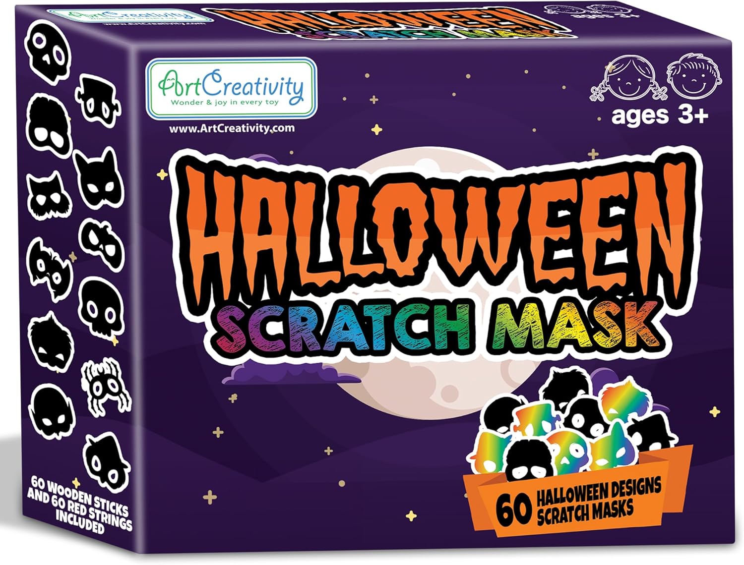 Halloween Scratch Masks for Kids - Set of 60 Halloween Scratch Art Masks - Includes Bulk Halloween Masks, Elastic Strings, and Wooden Scratch Sticks