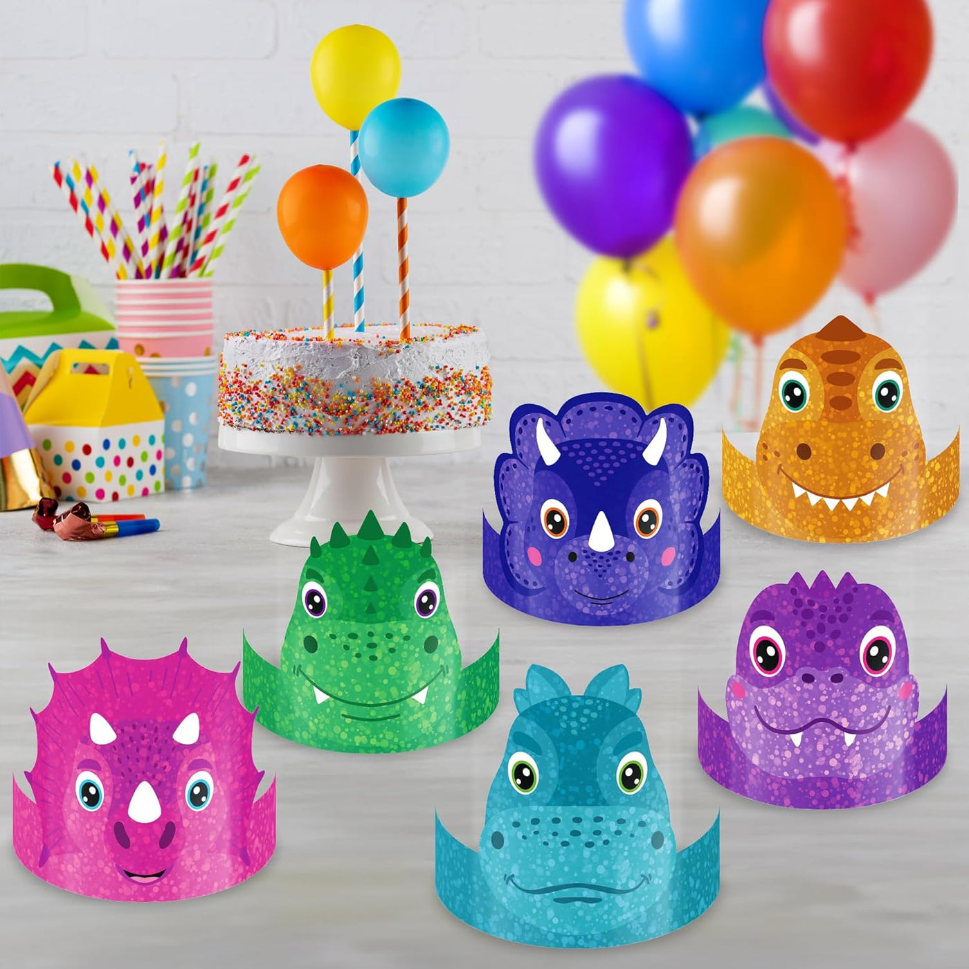 Dinosaur Party Hats - 24 Ct - Sturdy Paper Dino Party Hats in 6 Colorful Designs - Stretchy Strings for a Comfy Fit - Fun Dinosaur Party Favors & Supplies