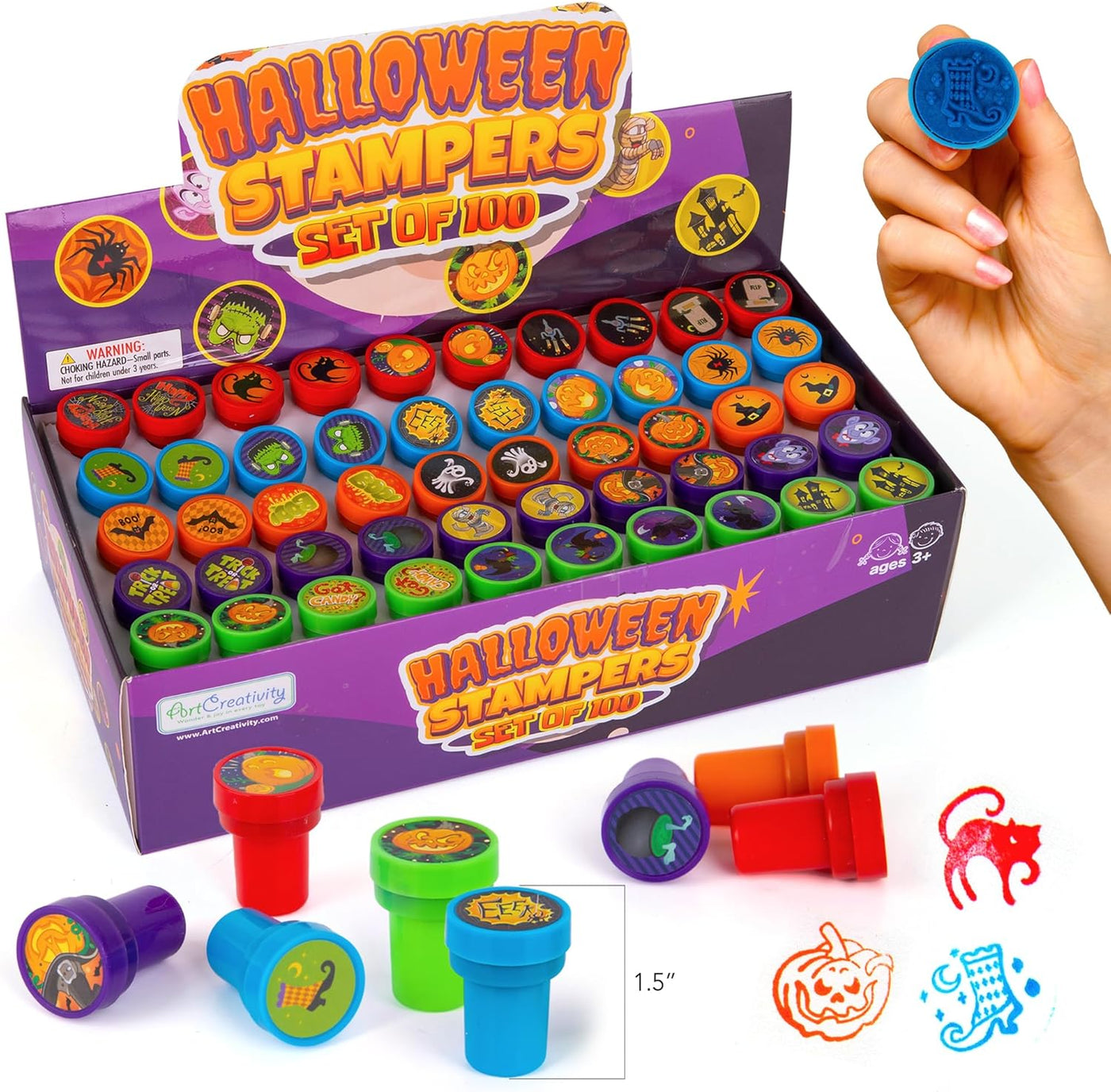 Bulk Halloween Stampers for Kids - Set of 100 Halloween Stamps - Assorted Trick or Treat Stamper Designs for Halloween