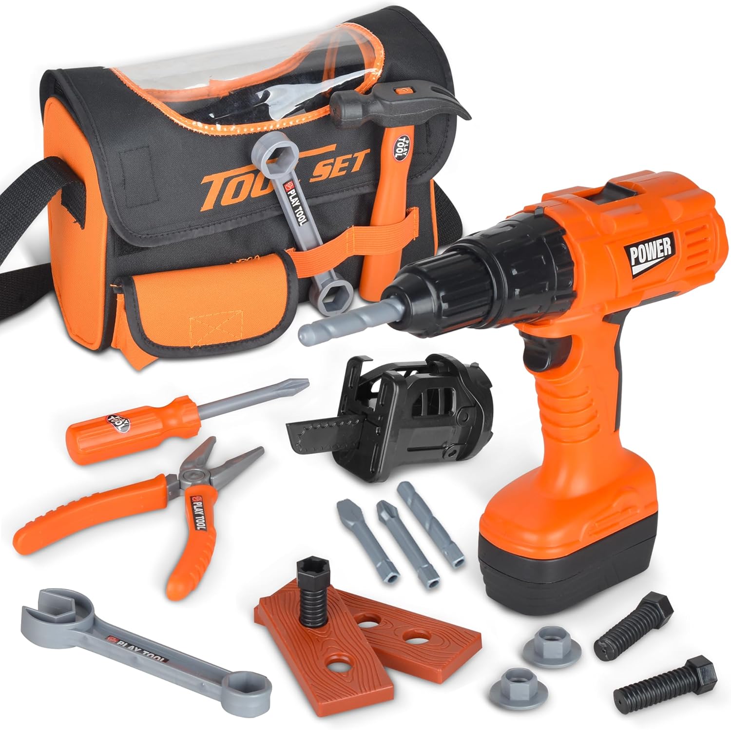 Power Drill Tool Set for Kids - Pretend Playset with 2-in-1 Toy Drill with Lights, Sounds, Motion - Includes Toy Hammer, Pliers, Bolts, Screwdriver and More - Sturdy Bag for Storage
