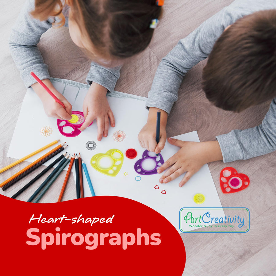 Heart Shaped Spirographs - Set of 24 - Spiral Arts and Craft Set with Stencils & Geometry Gears for Kids & Adults