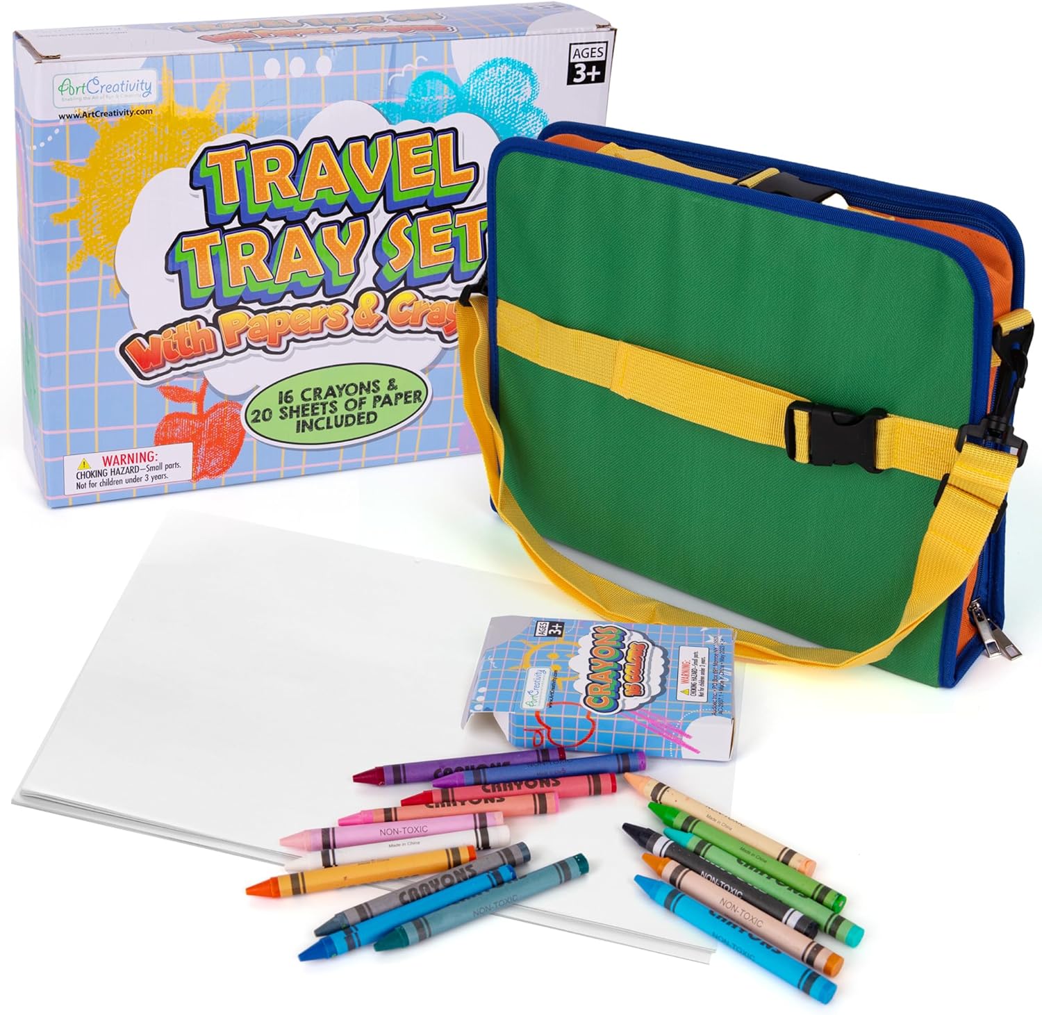 Kids Travel Tray with Crayons and Paper - Adjustable Car Seat Table Tray with 16 Crayons, 20 Paper Sheets, and 5 Clear Pockets for Storage