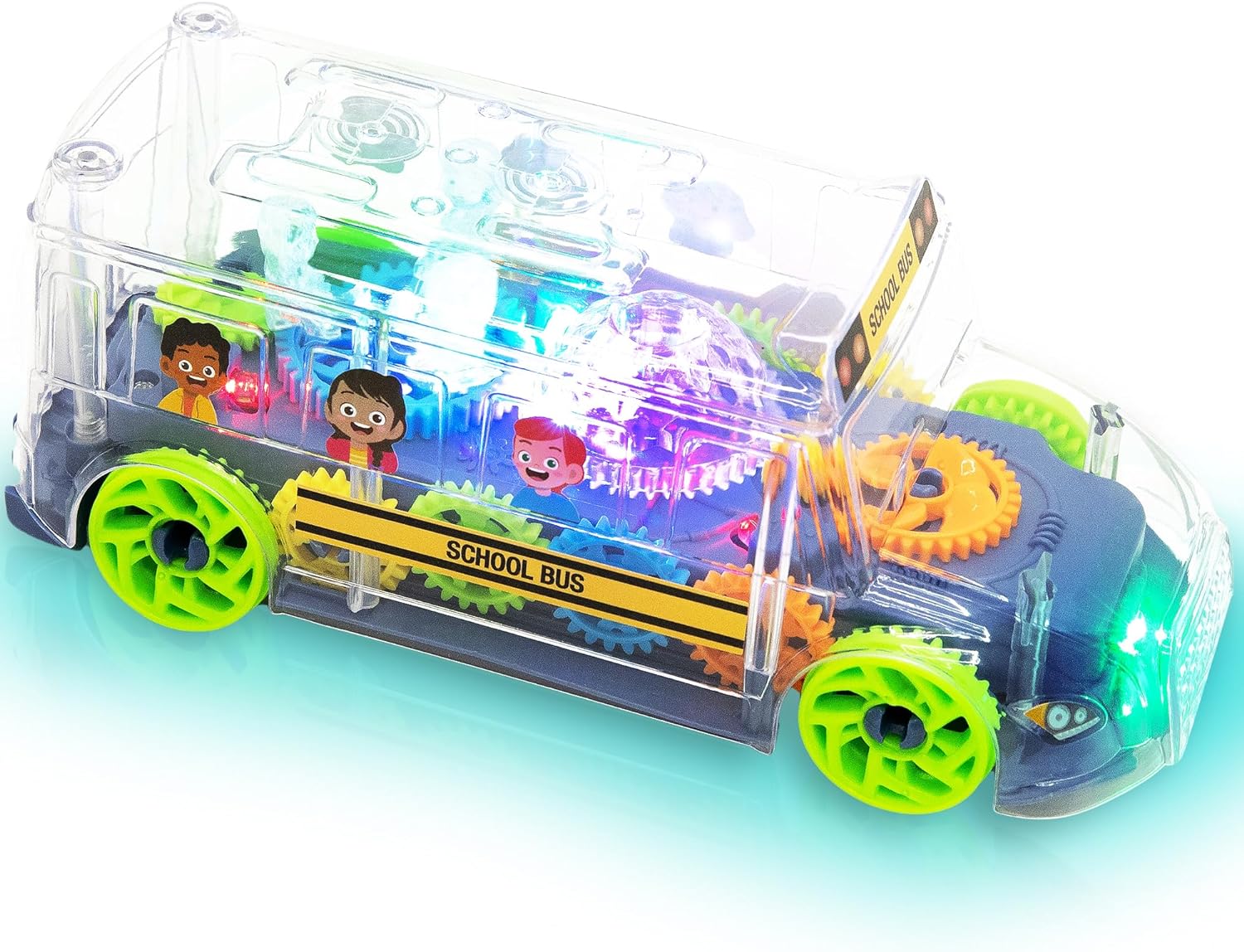 Light Up School Bus Toy for Toddlers - Bump and Go School Toy Bus with Colorful Spinning Gears, LED Lights, and Music