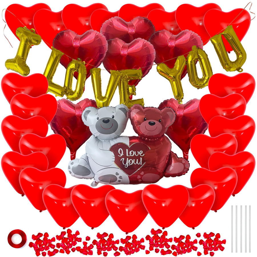 Valentines Day Balloons Decorations - Valentines Day Kit with Balloons in Teddy Bear, I Love You, and Heart Shape Designs - Artificial Rose Petals