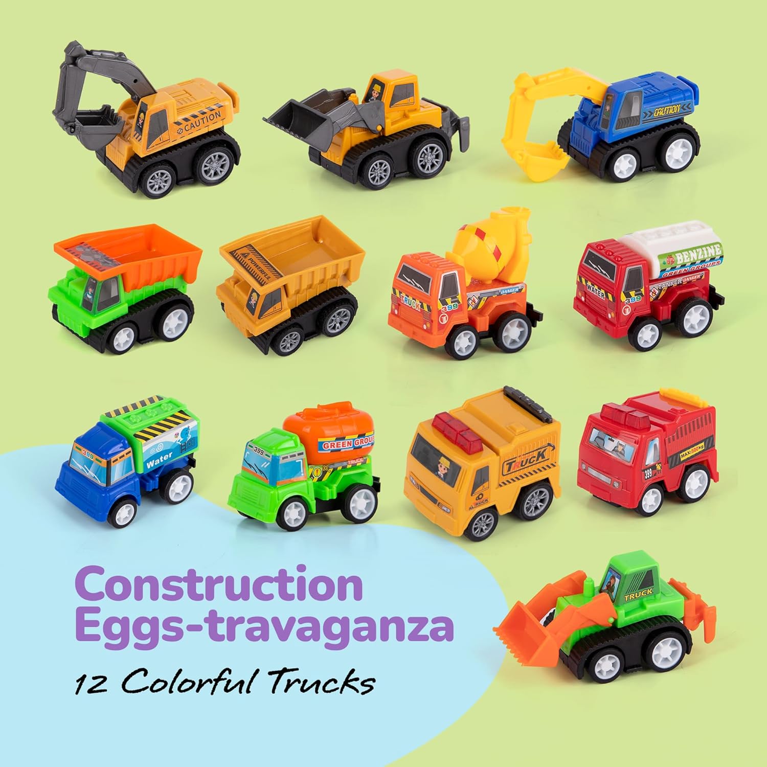 Pre Filled Easter Eggs with Vehicles Inside - Set of 12 - Colorful Surprise Eggs for Kids with Pullback Construction Truck Toys - Easter Egg Hunt Supplies