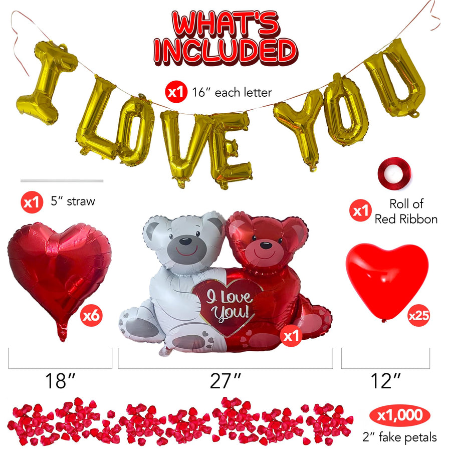 Valentines Day Balloons Decorations - Valentines Day Kit with Balloons in Teddy Bear, I Love You, and Heart Shape Designs - Artificial Rose Petals