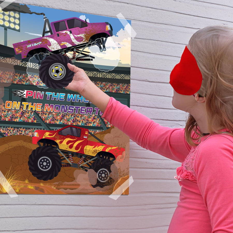 Pin The Wheels on The Monster Truck - Monster Truck Game for Kids with 1 Poster, 36 Stickers, and 1 Blindfold