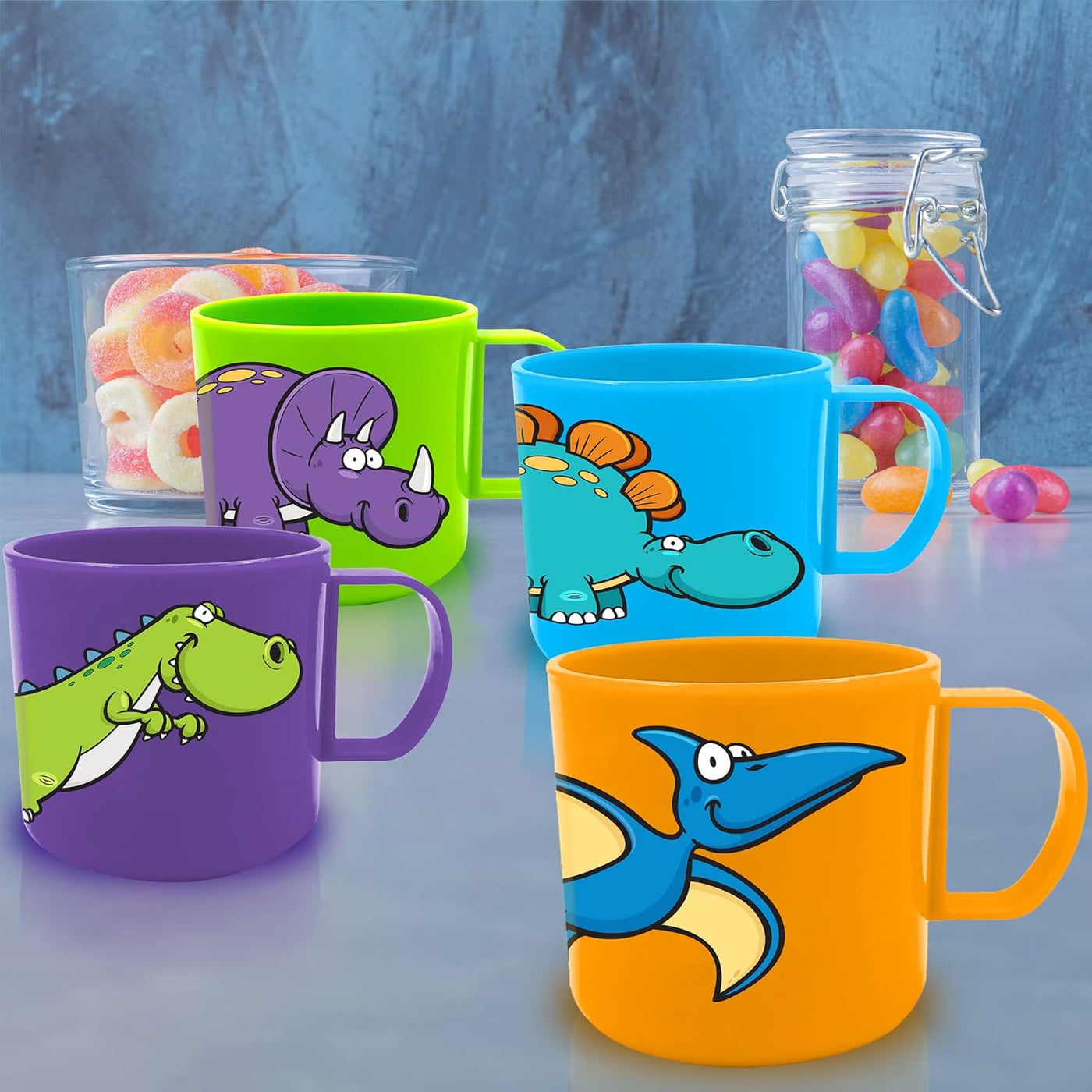 Dinosaur Mugs for Kids, Plastic Dino Cups, Set of 4 - Assorted Colors & Designs