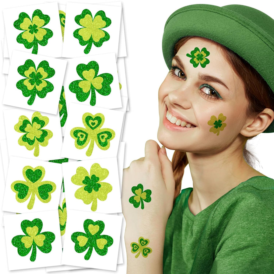St Patrick’s Day Tattoos with Glitter - Set of 50 - Individual Temporary Shamrock Tattoos in 5 Designs - St. Patrick’s Day Party Favors - St Patty’s Accessories