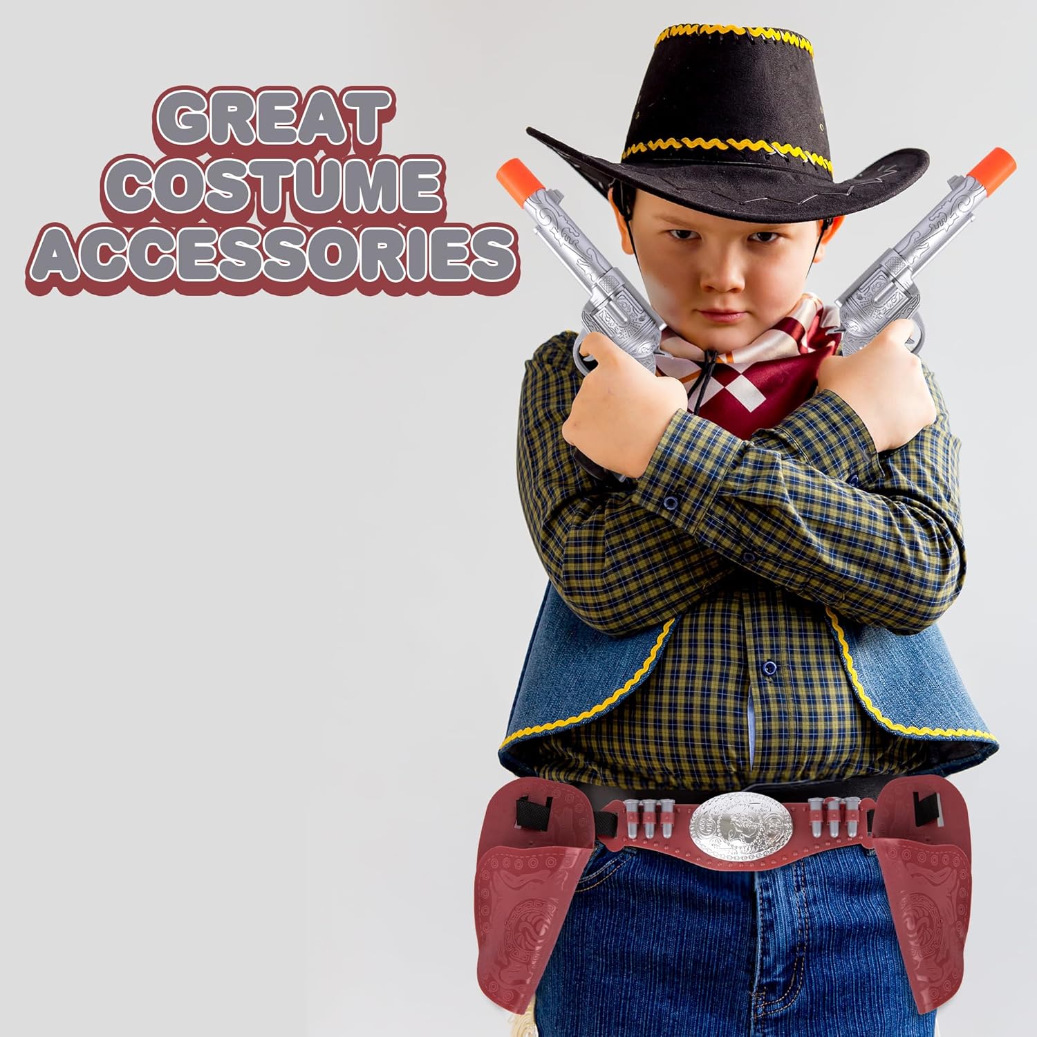 Cowboy Gun Belt and Holster - Cowboy Holster Set Includes 2 Toy Guns with Sound, Toy Gun Holster, Brown Western Belt, and 6 Fake Bullets