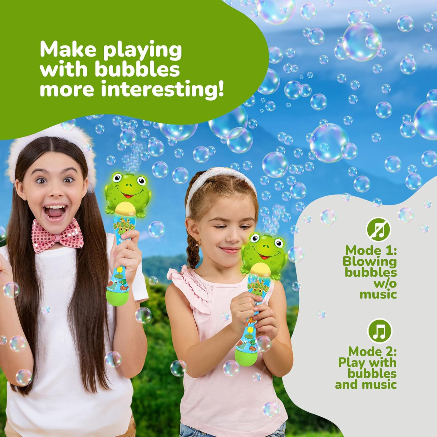 Frog Bubble Wand - Handcrafted Frog Toys with Bubbles Refill Solution, Stickers, Music & Lights - Kids Summer Outdoor Activity