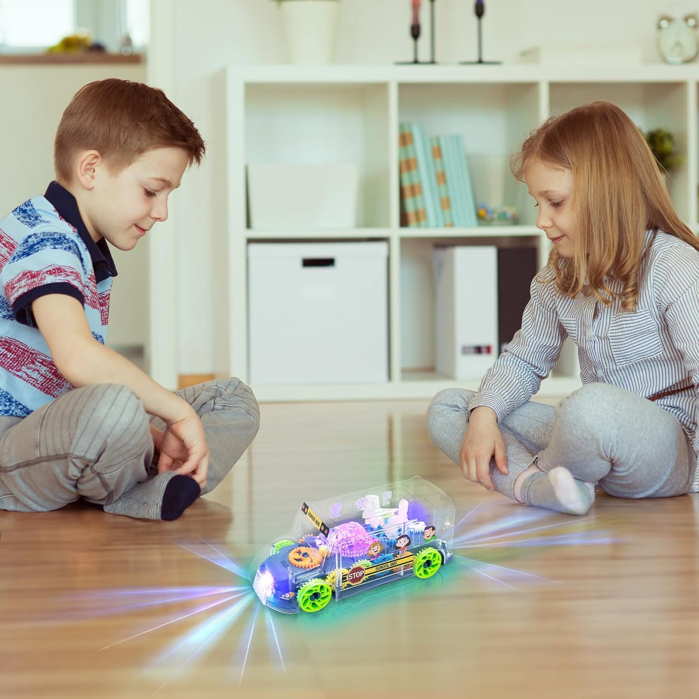 Light Up School Bus Toy for Toddlers - Bump and Go School Toy Bus with Colorful Spinning Gears, LED Lights, and Music