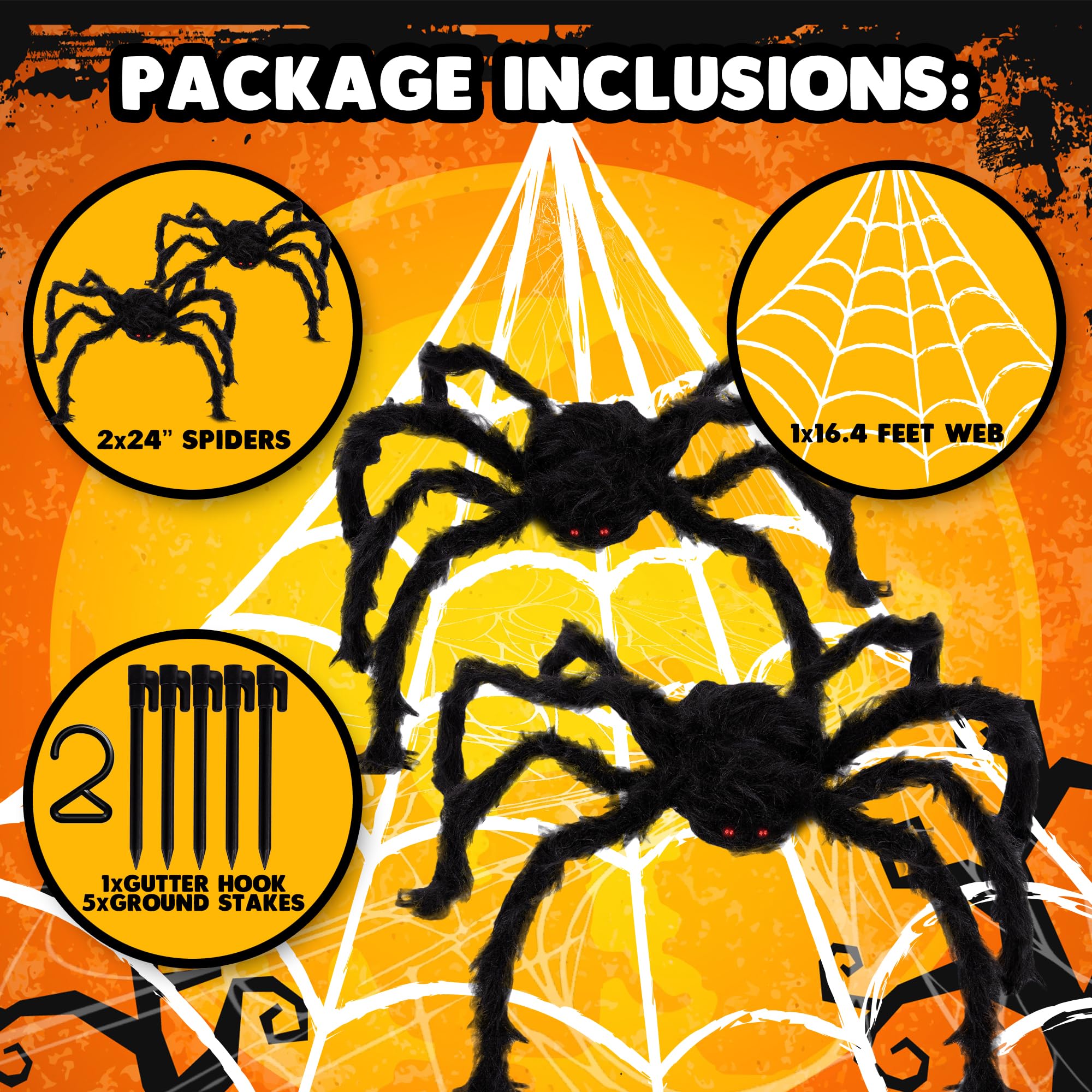 Giant Spider Halloween Decorations - Includes Two 24" Spiders and a 16.4' Spider Web - Outdoor Spider Web Decoration with 2 Giant Spiders