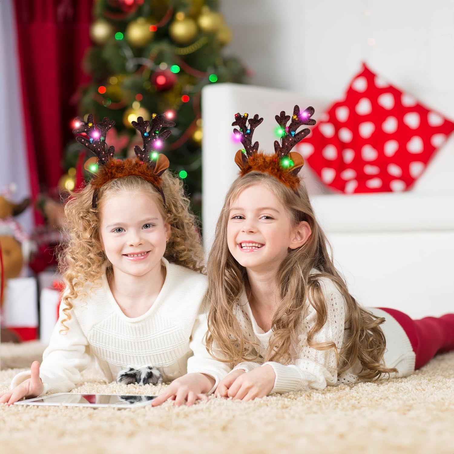 Light Up Christmas Reindeer Headbands - Set of 2 - Christmas Reindeer Antlers Headband Set - Reindeer Ears Headbands with LED Lights and Jingling Bells