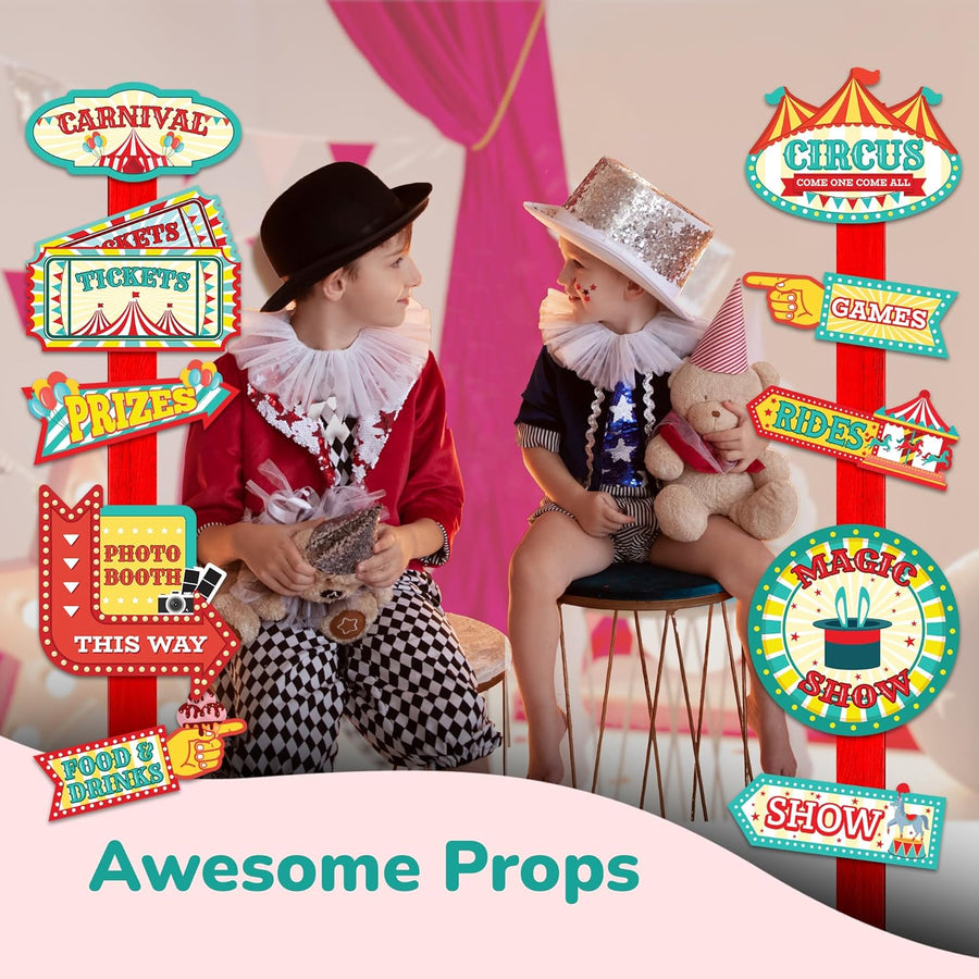 Carnival Signs - 20 Pack - Circus Events Directional Signs and Decorations - Carnival Photo Booth Props for Circus Theme Birthday Celebrations, Parties