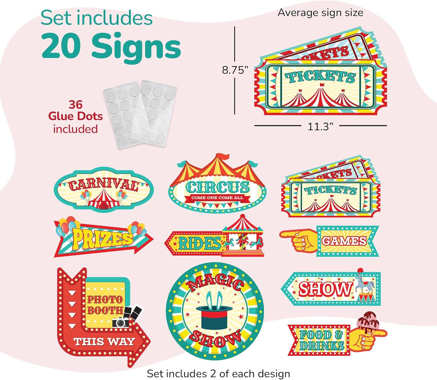 Carnival Signs - 20 Pack - Circus Events Directional Signs and Decorations - Carnival Photo Booth Props for Circus Theme Birthday Celebrations, Parties