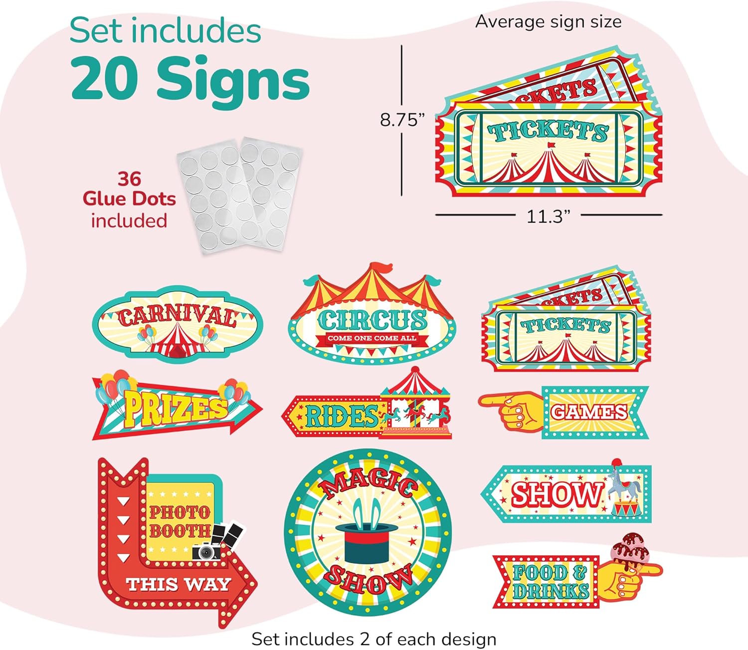 Carnival Signs - 20 Pack - Circus Events Directional Signs and Decorations - Carnival Photo Booth Props for Circus Theme Birthday Celebrations, Parties