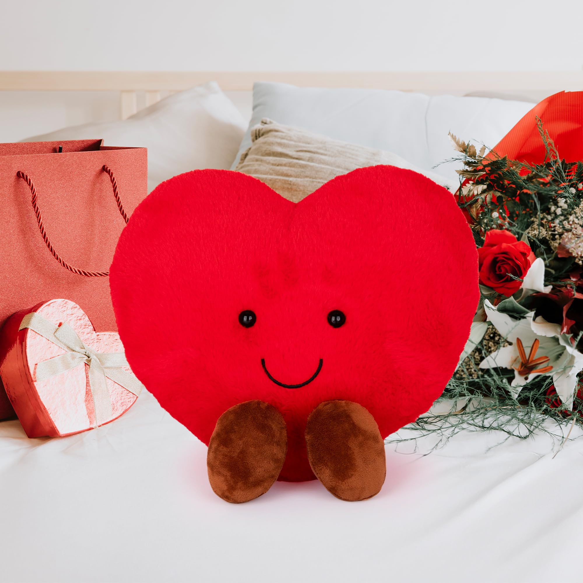 Large Valentines Plush Heart - Cute Love Heart Plush Toy with Smile and Little Brown Feet - Stuffed Love Heart Toy - Decorations and Valentines Gifts for Girlfriend, Wife, Boyfriend