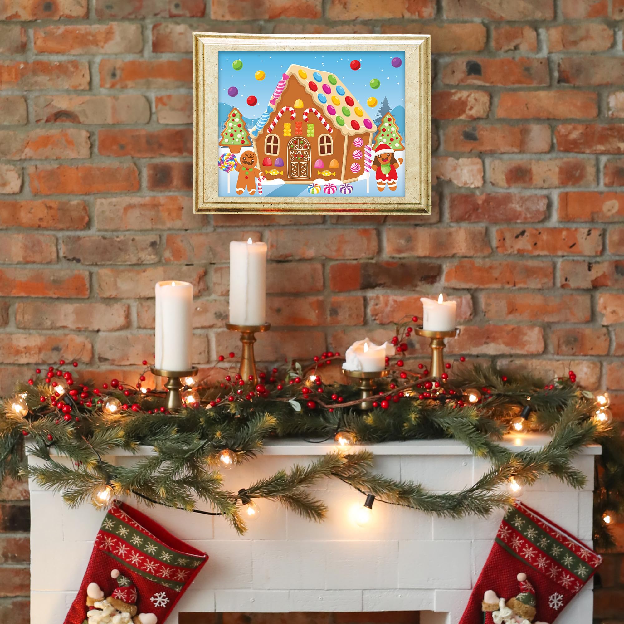 Gingerbread House Sticker Craft for Kids - Gingerbread House Sticker Scene with 13 Background Sheets and 13 Sticker Sheets