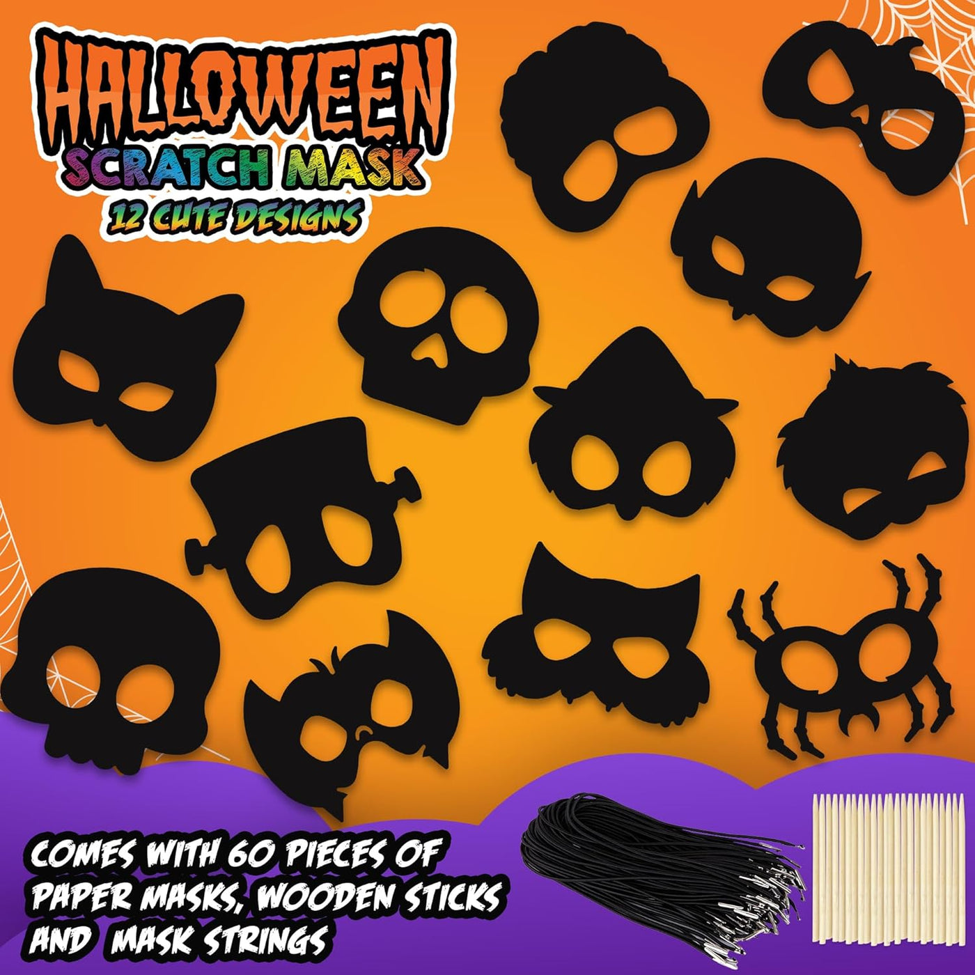 Halloween Scratch Masks for Kids - Set of 60 Halloween Scratch Art Masks - Includes Bulk Halloween Masks, Elastic Strings, and Wooden Scratch Sticks