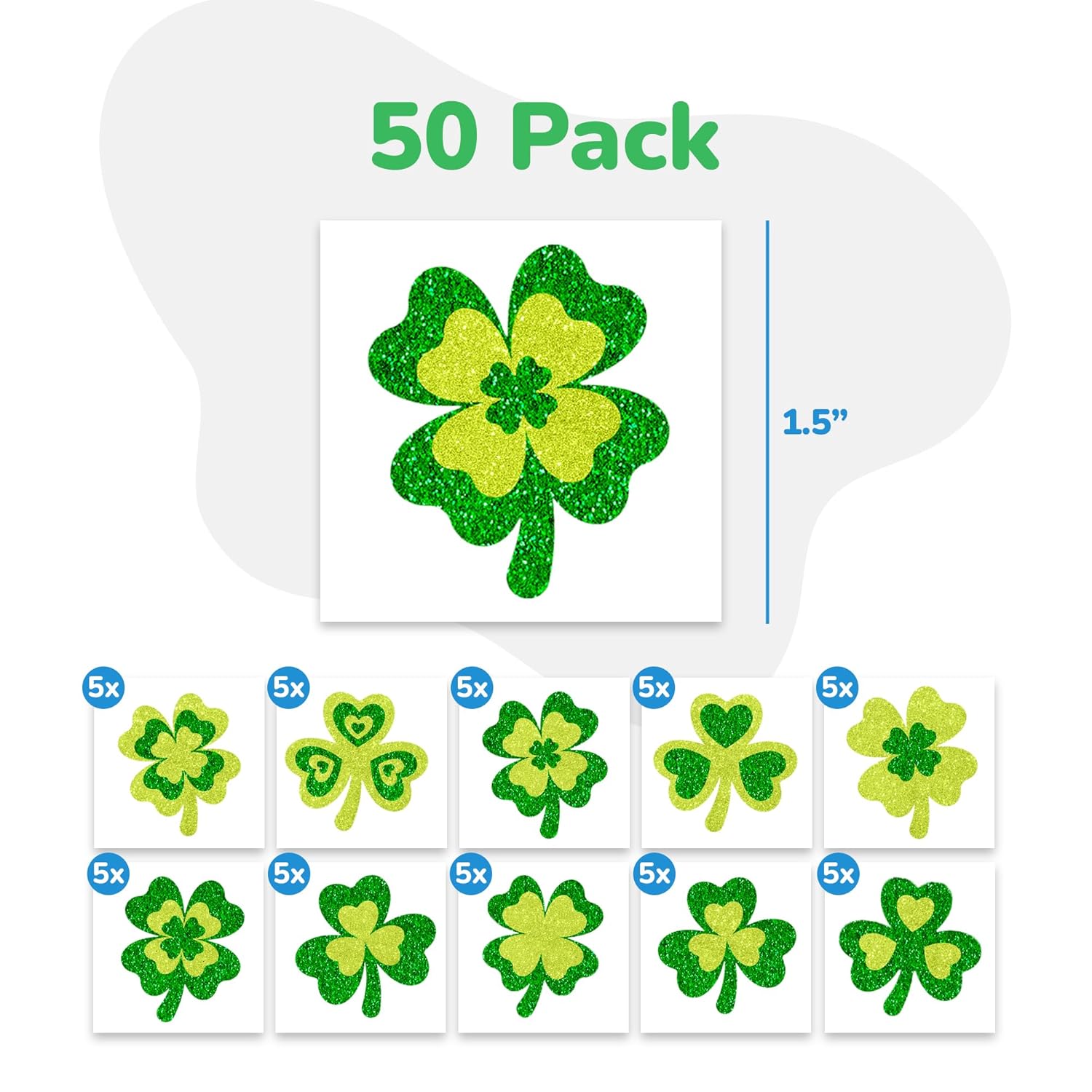 St Patrick’s Day Tattoos with Glitter - Set of 50 - Individual Temporary Shamrock Tattoos in 5 Designs - St. Patrick’s Day Party Favors - St Patty’s Accessories