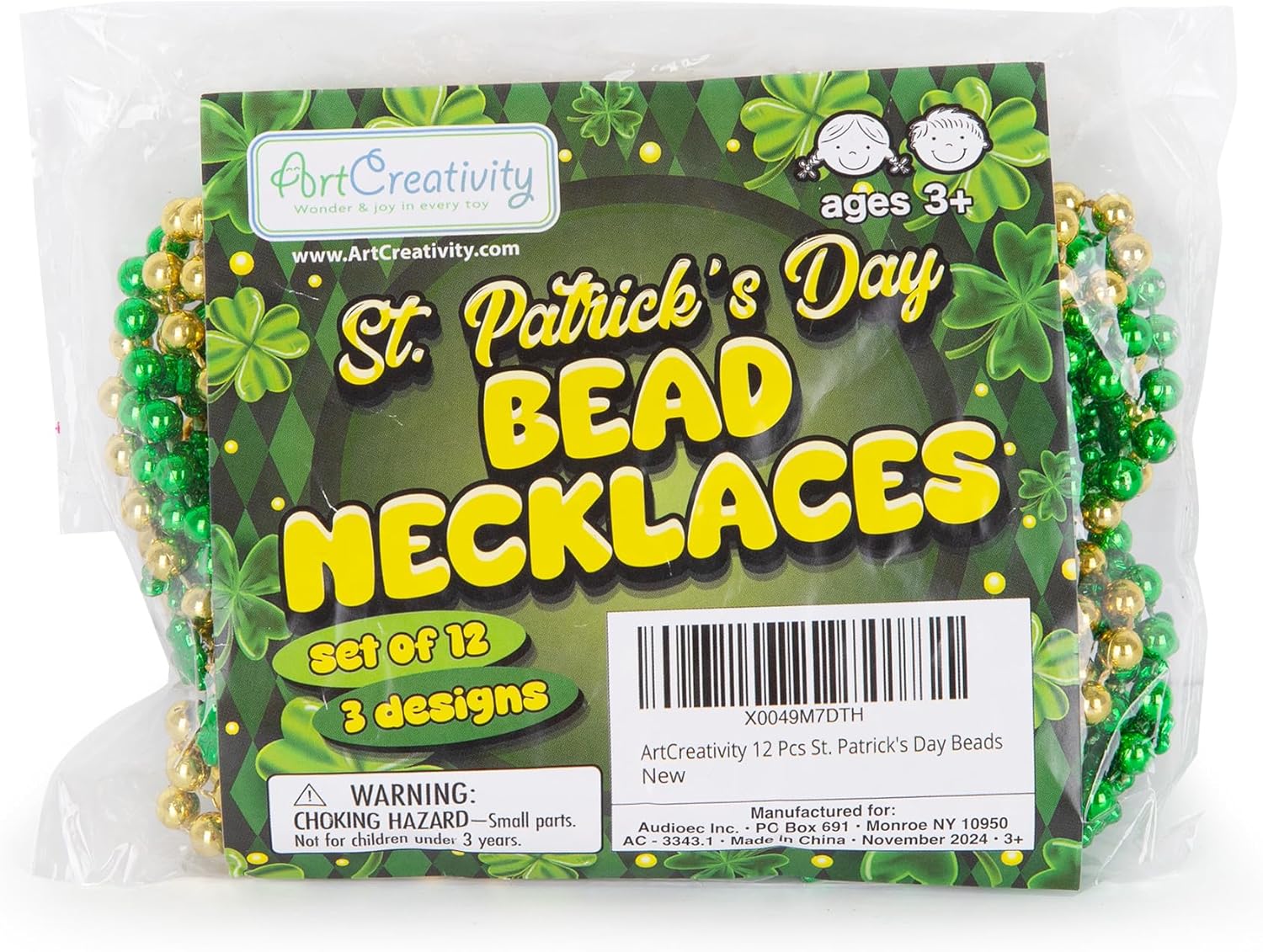 St Patrick’s Day Beads Necklaces - Set of 12 - St Patricks Day Accessories - Shamrock Green Day Beaded Necklace for Mardi Gras Decor, Irish Throw Costume Party