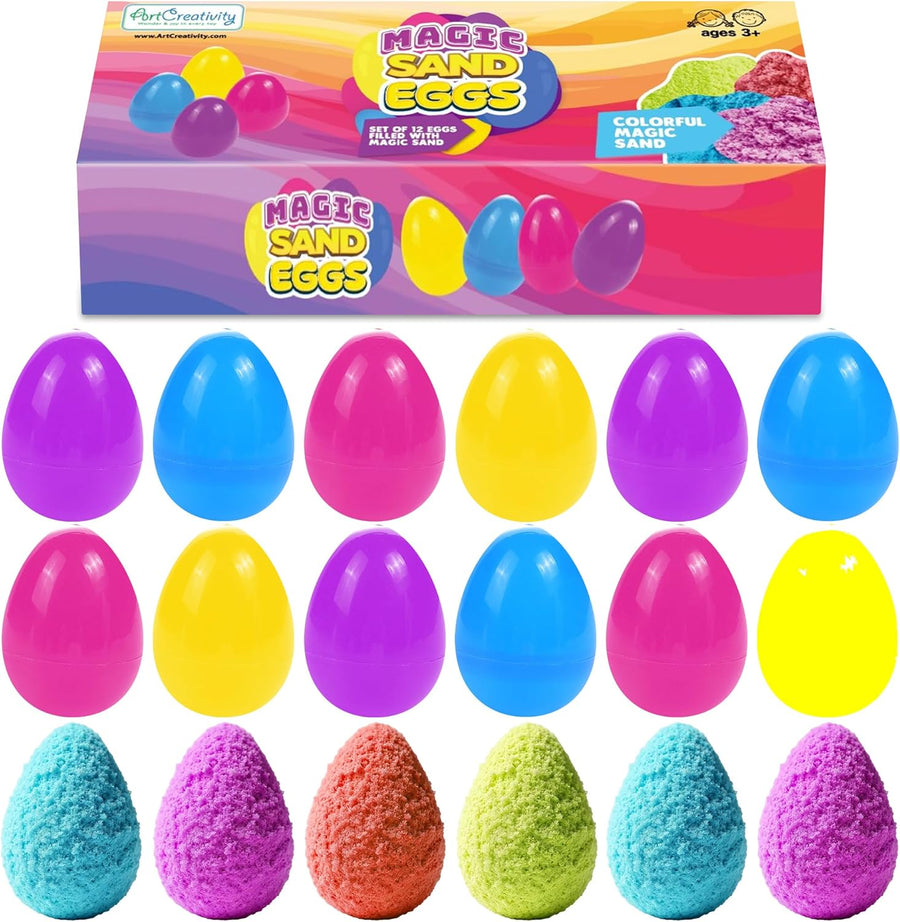 Pre Filled Easter Eggs with Kinetic Sand Inside - Set of 12 - Colorful Surprise Eggs for Kids in Assorted Vibrant Colors - Easter Egg Hunt Supplies - Easter Basket Stuffers