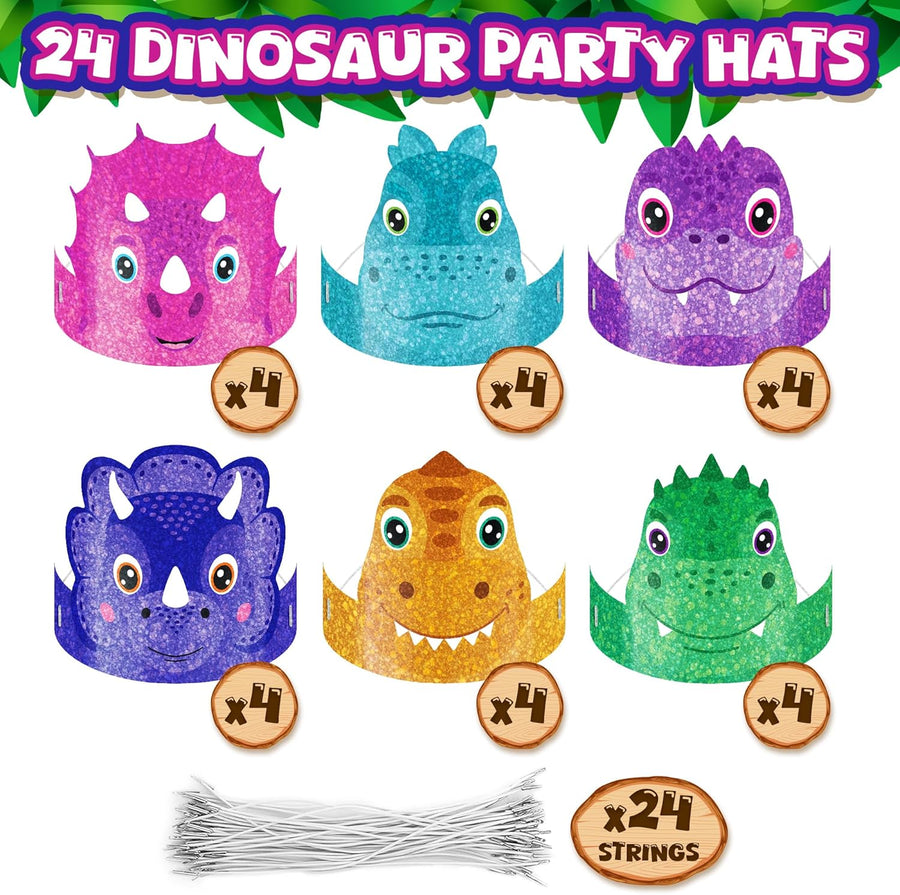 Dinosaur Party Hats - 24 Ct - Sturdy Paper Dino Party Hats in 6 Colorful Designs - Stretchy Strings for a Comfy Fit - Fun Dinosaur Party Favors & Supplies