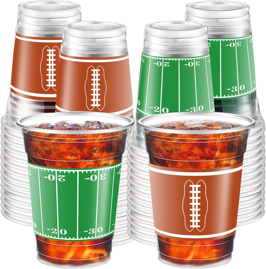 50 Pcs 16oz Football Party Cups - Superbowl Football Theme Cups Party Supplies - Football Disposable Plastic Party Cups - 2 Designs for Football Birthday Party Table Decorations