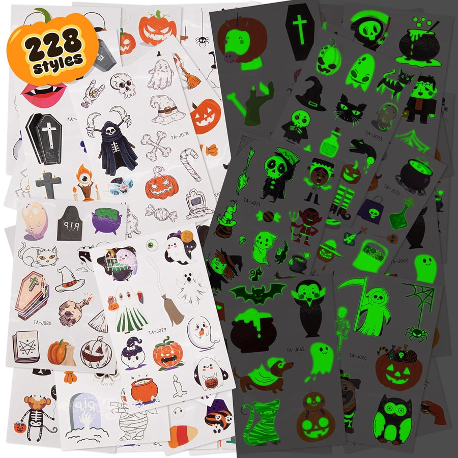 228 Styles Glow Halloween Temporary Tattoos Sheets for Kids - Halloween Glow in Dark Tattoos Stickers with unique Characters