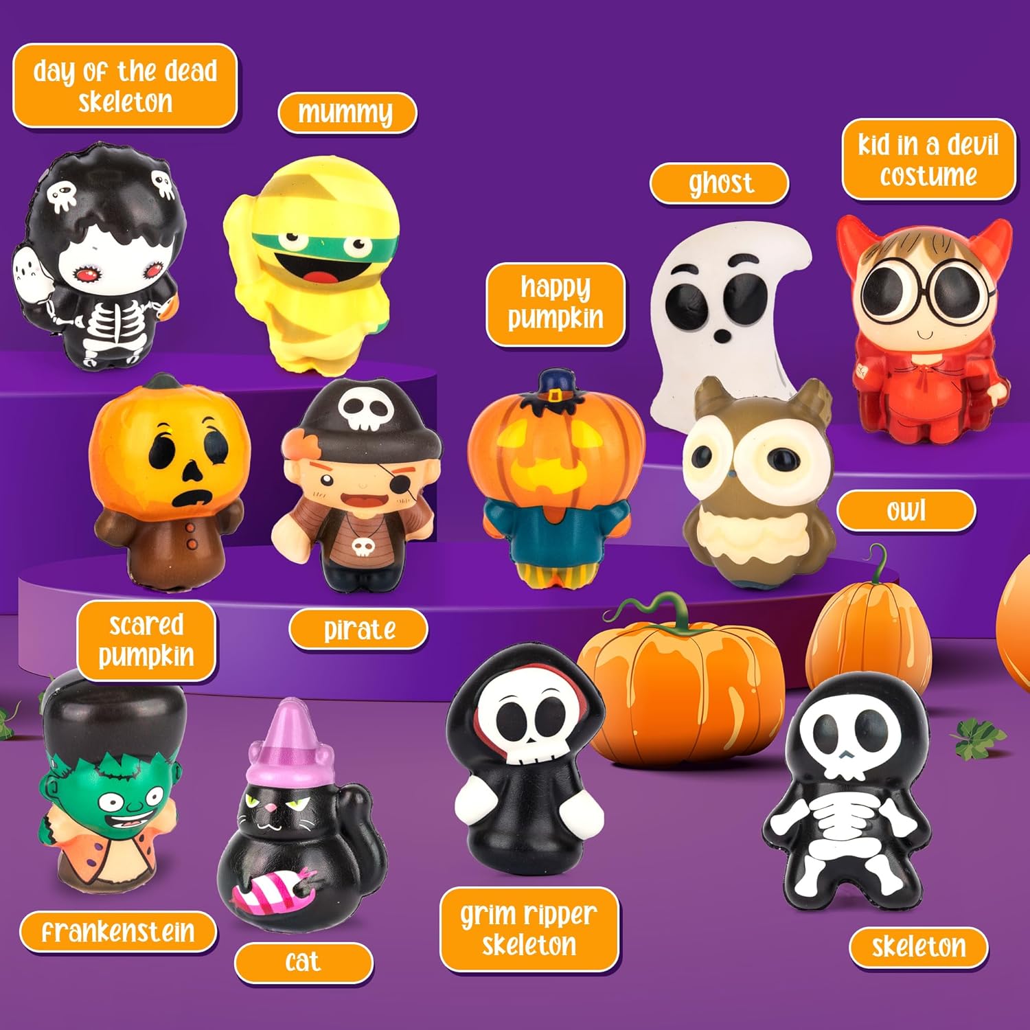 Halloween Squishy Toys for Kids - Set of 12 Halloween Squishies - Slow Rising Squishy Halloween Stress Toys in 12 Designs