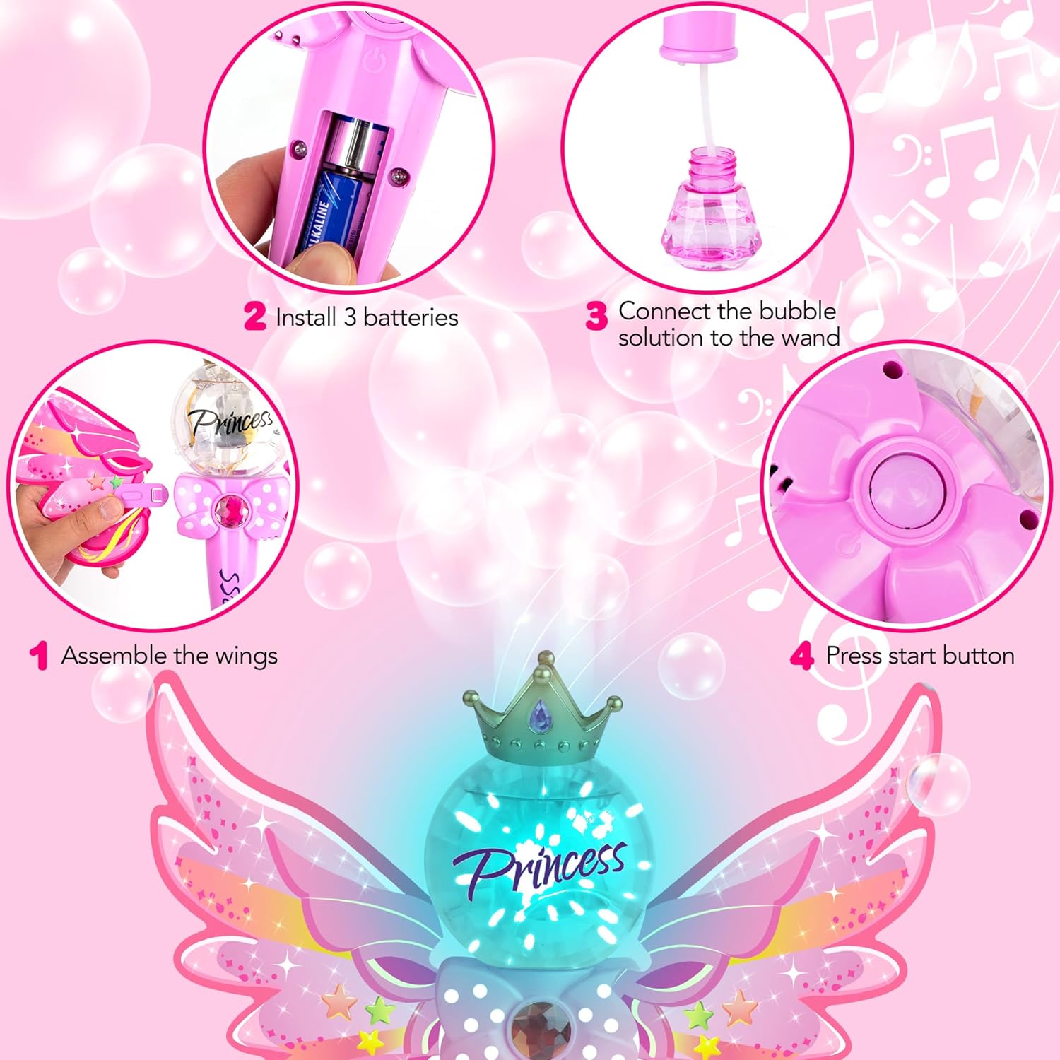 Light Up Magic Princess Bubble Blower Wand, 14" Illuminating Bubble Blower Wand with Thrilling LED & Sound Effect, Bubble Fluid Included, Great Gift Idea, Party Favor for Kids